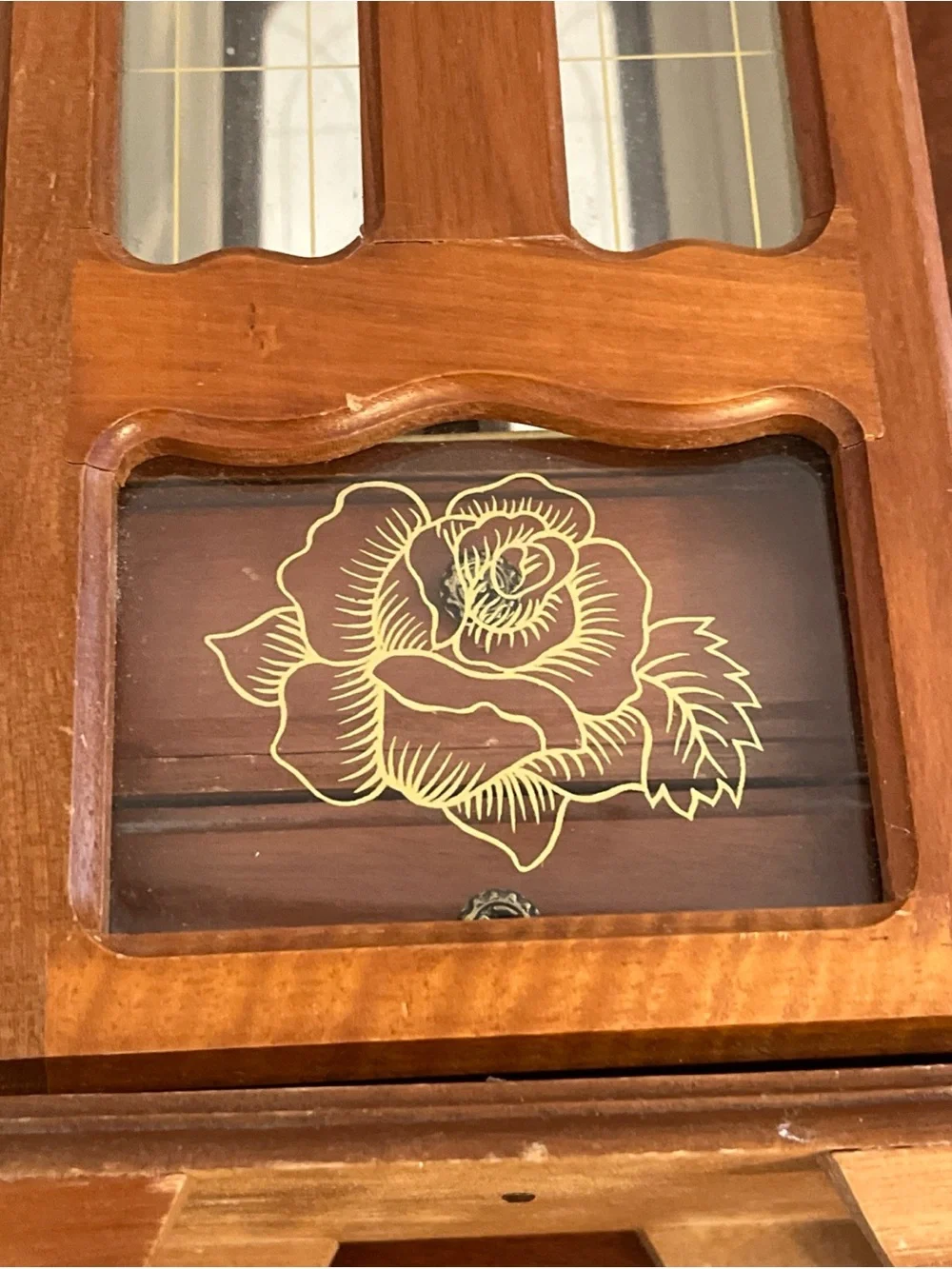 Vintage Tall Wooden Jewelry Armoire with Glass Front and Rose Detail